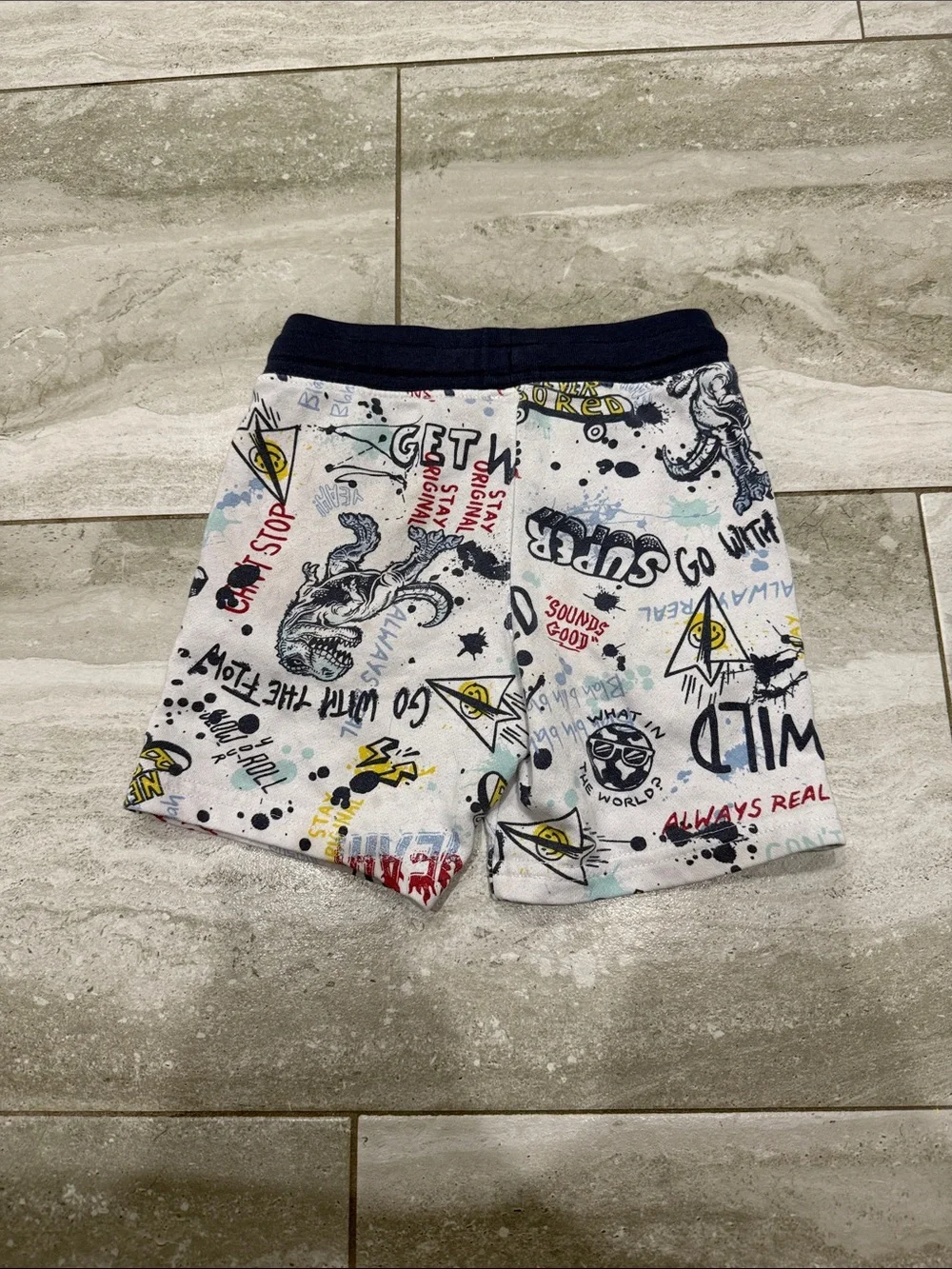 Graphic Drawstring Boys Shorts in White with Navy Waistband